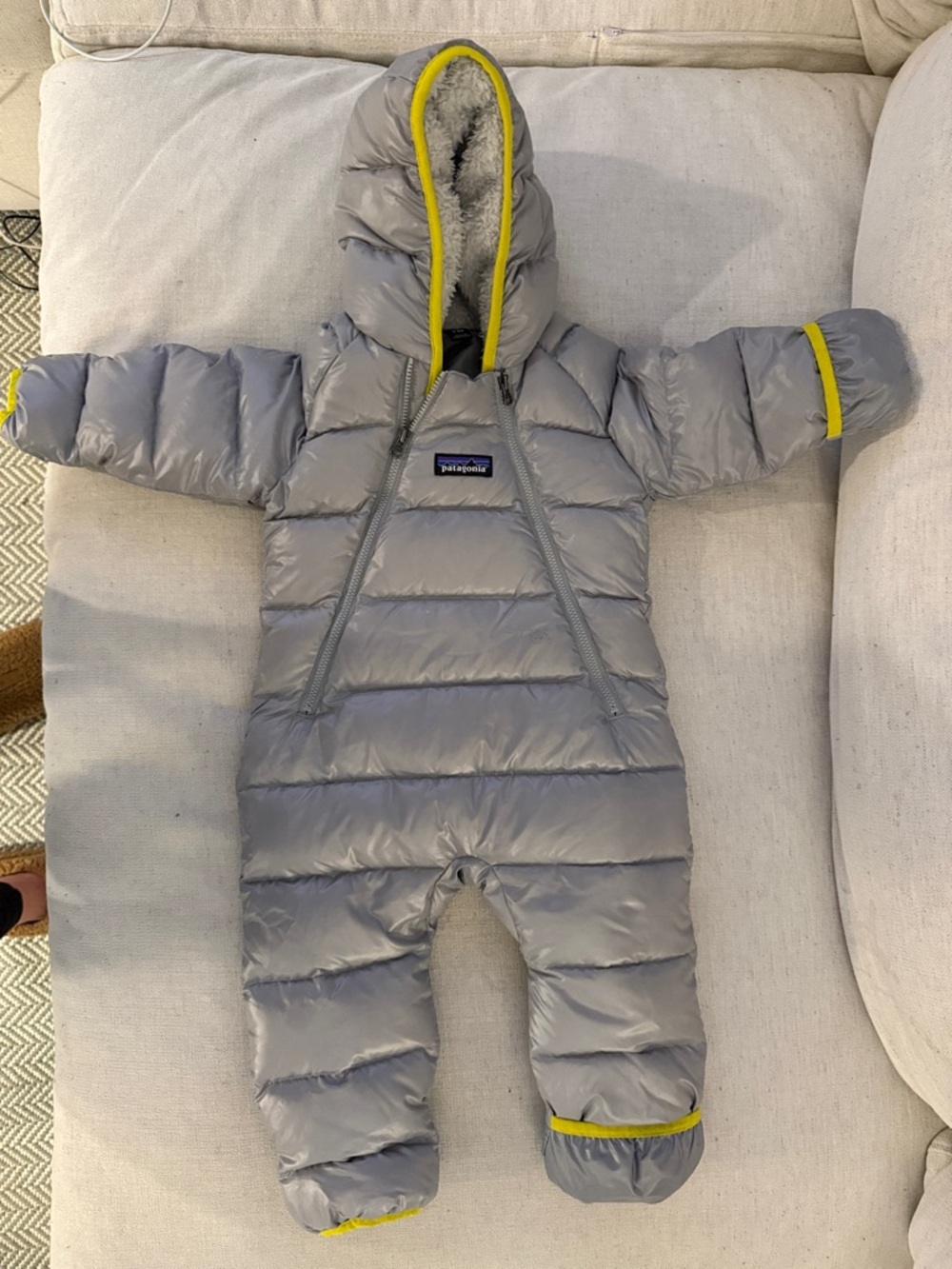 Patagonia Gray Baby Hooded Down Bunting with Yellow Trim